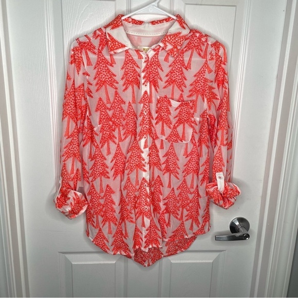 Maeve by Anthropologie Tree Embroidered Roll Tab Sleeve Blouse in Orange 4 - Picture 7 of 10